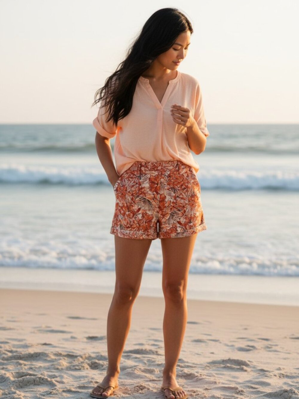 Loft - Tropical Print Chino Shorts - Red, Peach, Tan, White Black - Size L (10)